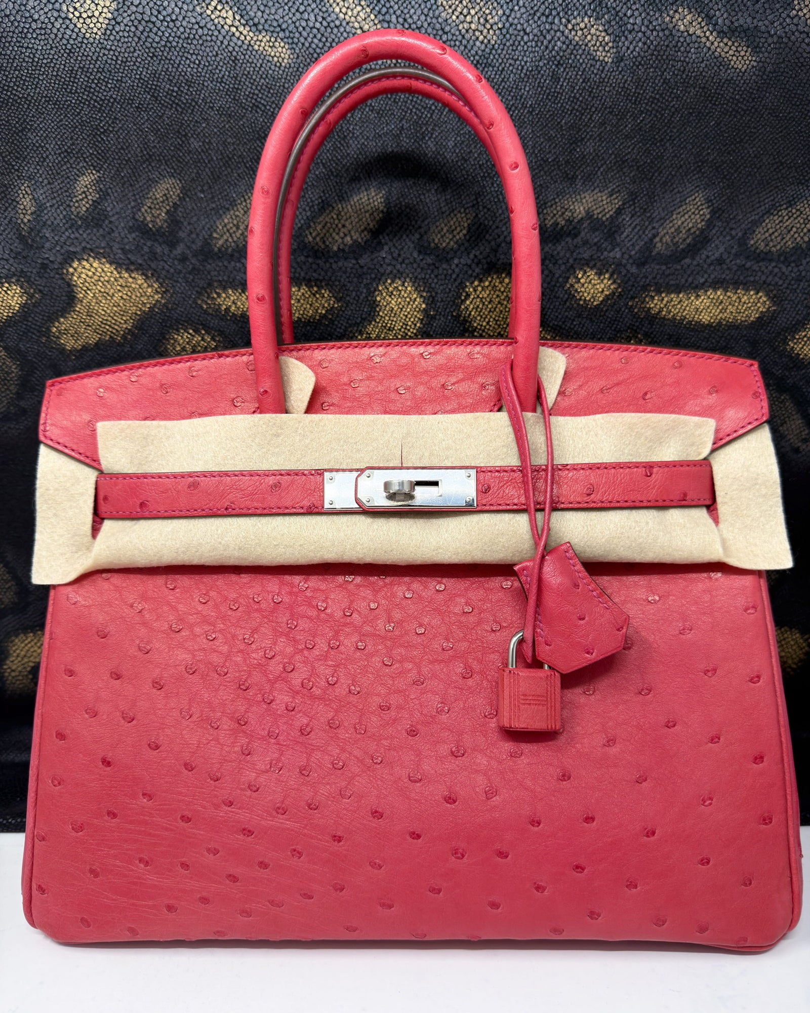 Birkin 30 Ostrich Rose Tyrien Palladium Hardware