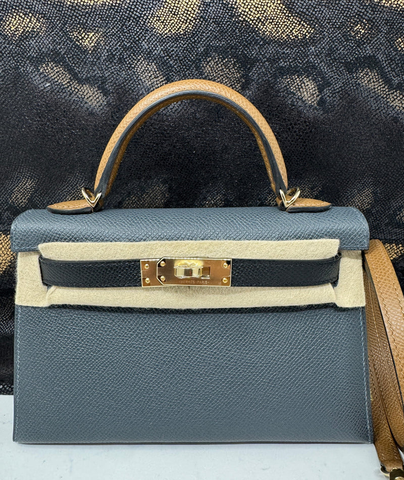 Hermès | Sacs à Main Mini Kelly 20 Gris Misty &amp; Noir &amp; Alezan Permabrass Hardware