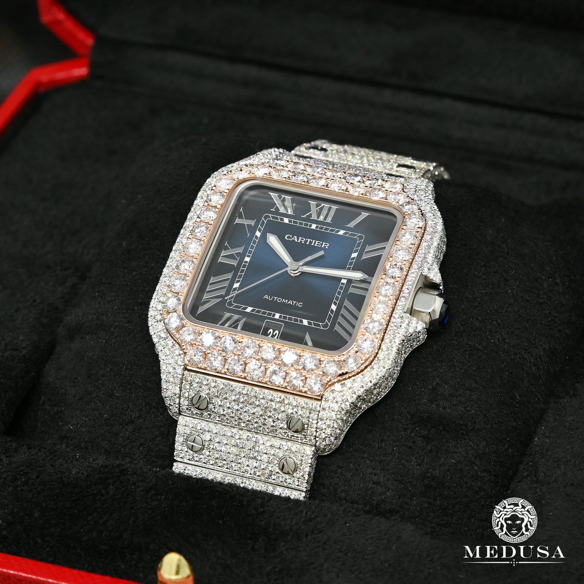 Montre Cartier | Montre Homme 40mm Cartier Santos 100 XL - Blue Full Iced Everose Or Rose 2 Tons