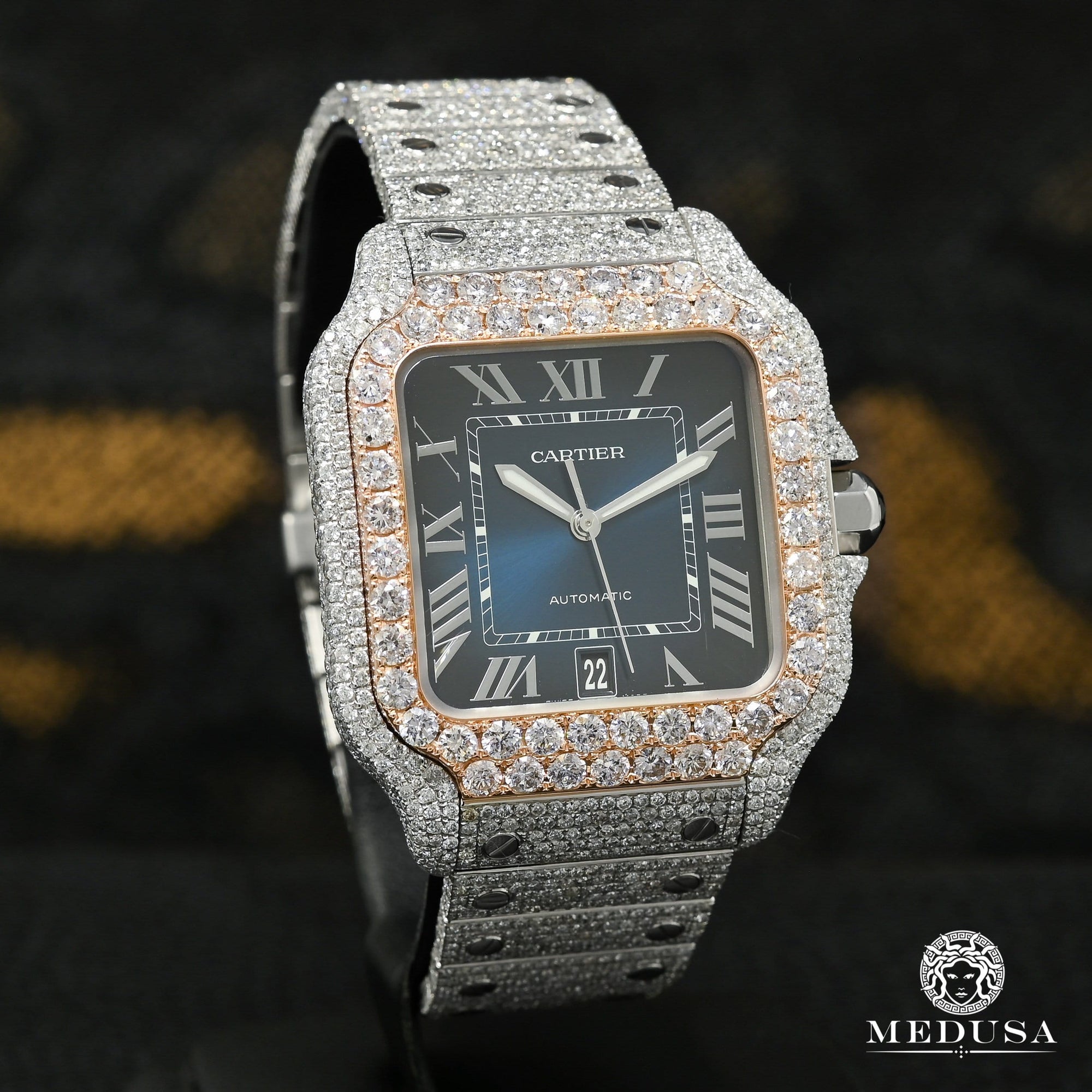 Montre Cartier | Montre Homme 40mm Cartier Santos 100 XL - Blue Full Iced Everose Or Rose 2 Tons