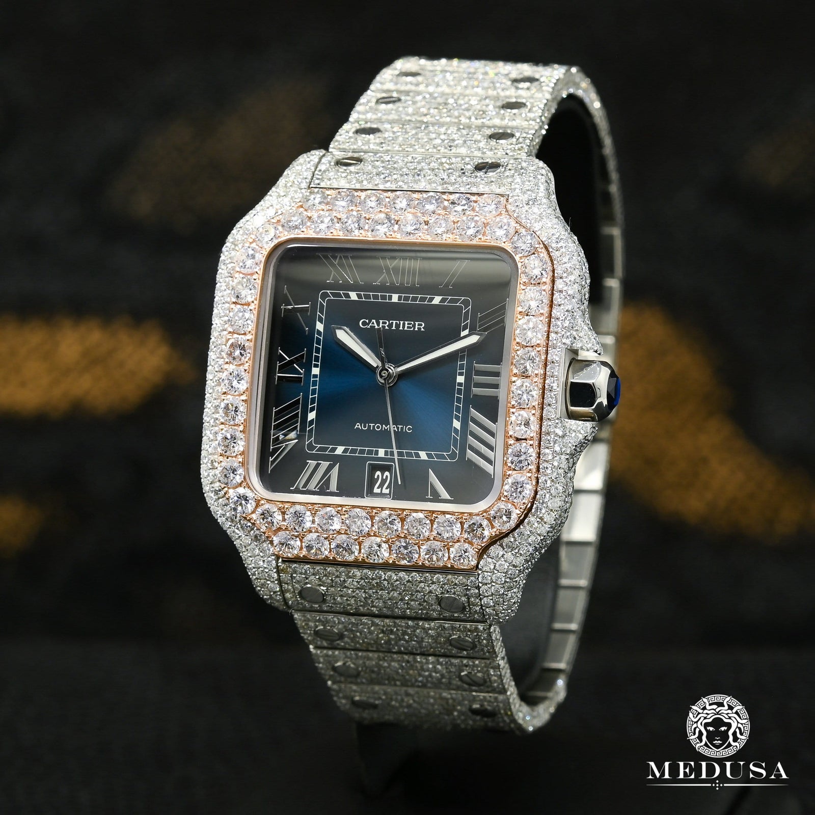 Montre Cartier | Montre Homme 40mm Cartier Santos 100 XL - Blue Full Iced Everose Or Rose 2 Tons