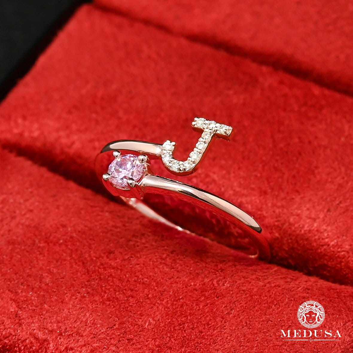 Bague en Or Custom | Bijoux Custom Bague Initiale &amp; Pierre Naissance Sur-Mesure Or Rose