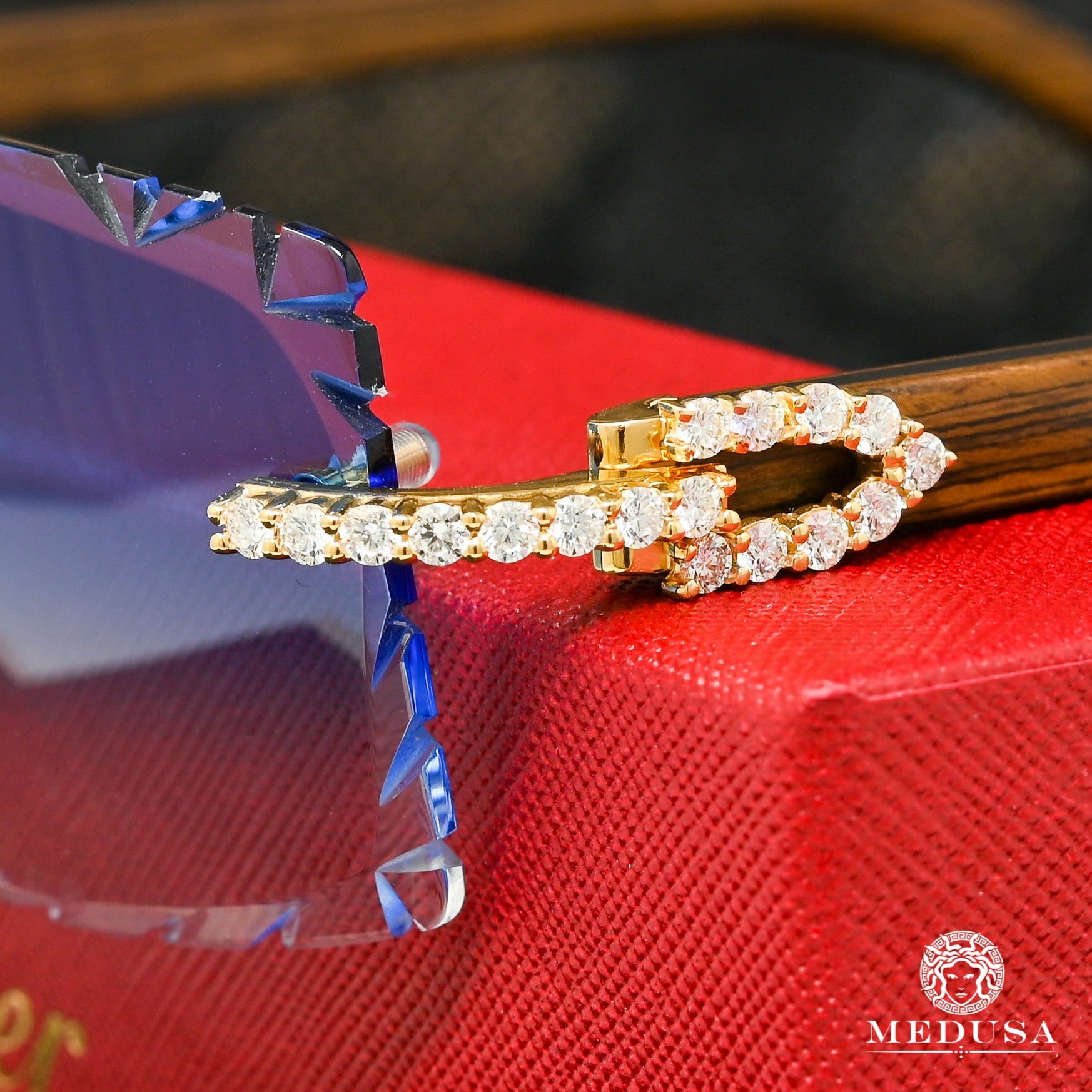 Lunette Cartier | Lunette Homme Cartier Signature C | Wood &amp; Bleu Diamond Cut Lenses Or Jaune