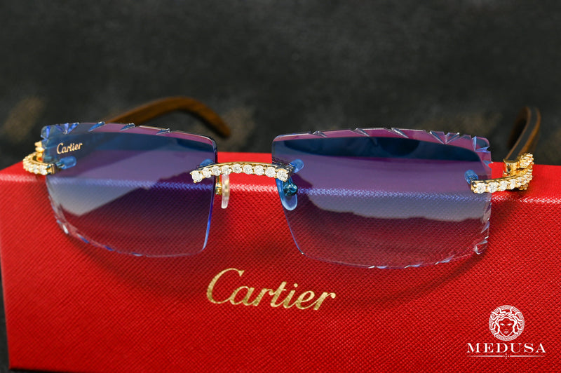 Lunette Cartier | Lunette Homme Cartier Signature C | Wood &amp; Bleu Diamond Cut Lenses Or Jaune