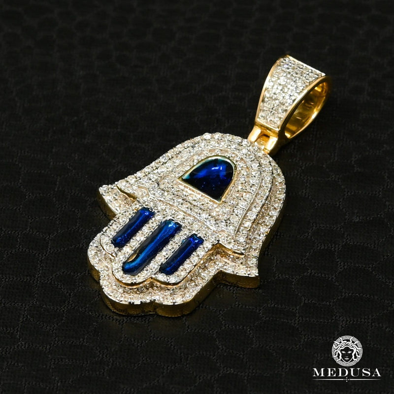 Pendentif à Diamants en Or 14K | Pendentif Divers Khamsa D8 Diamant Bleu / Or Jaune
