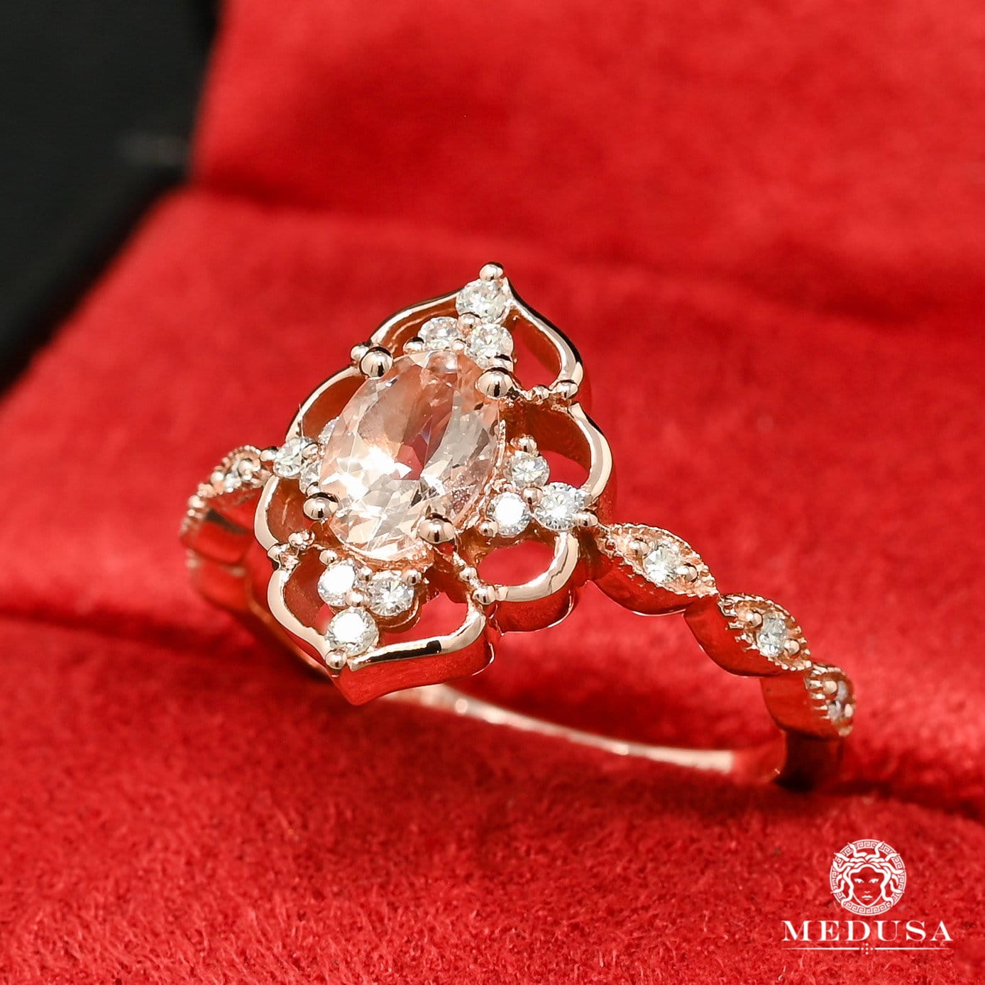 Bague à Diamants en Or 14K | Bague Femme Morganite D10 Diamant Or Rose