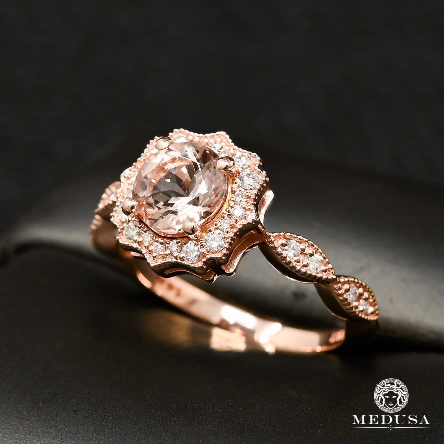 Bague à Diamants en Or 14K | Bague Femme Morganite D4 Diamant Or Rose