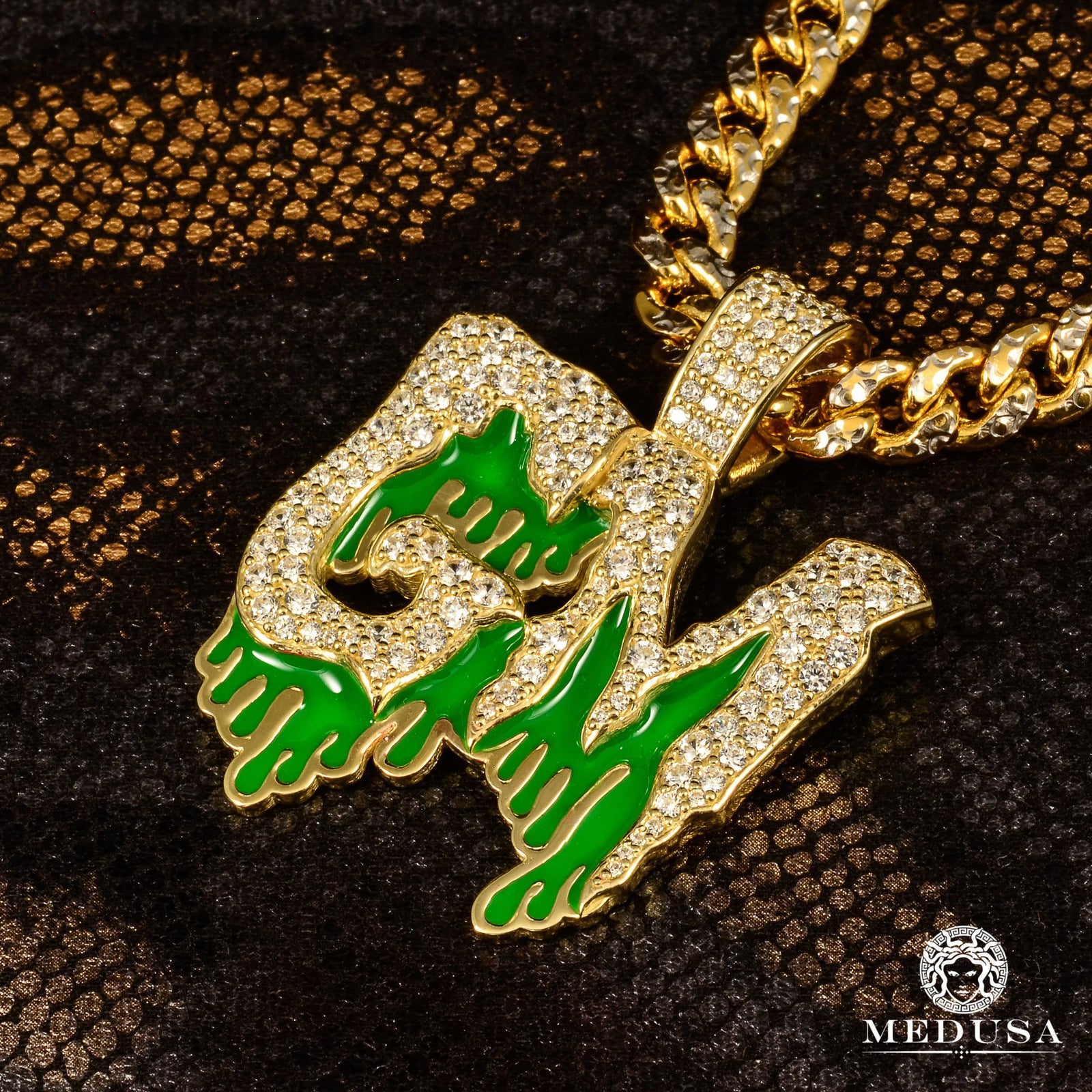 Pendentif en Or Custom | Bijoux Custom Pendentif 2 Lettre Drip Coloré Zircon / Or Jaune