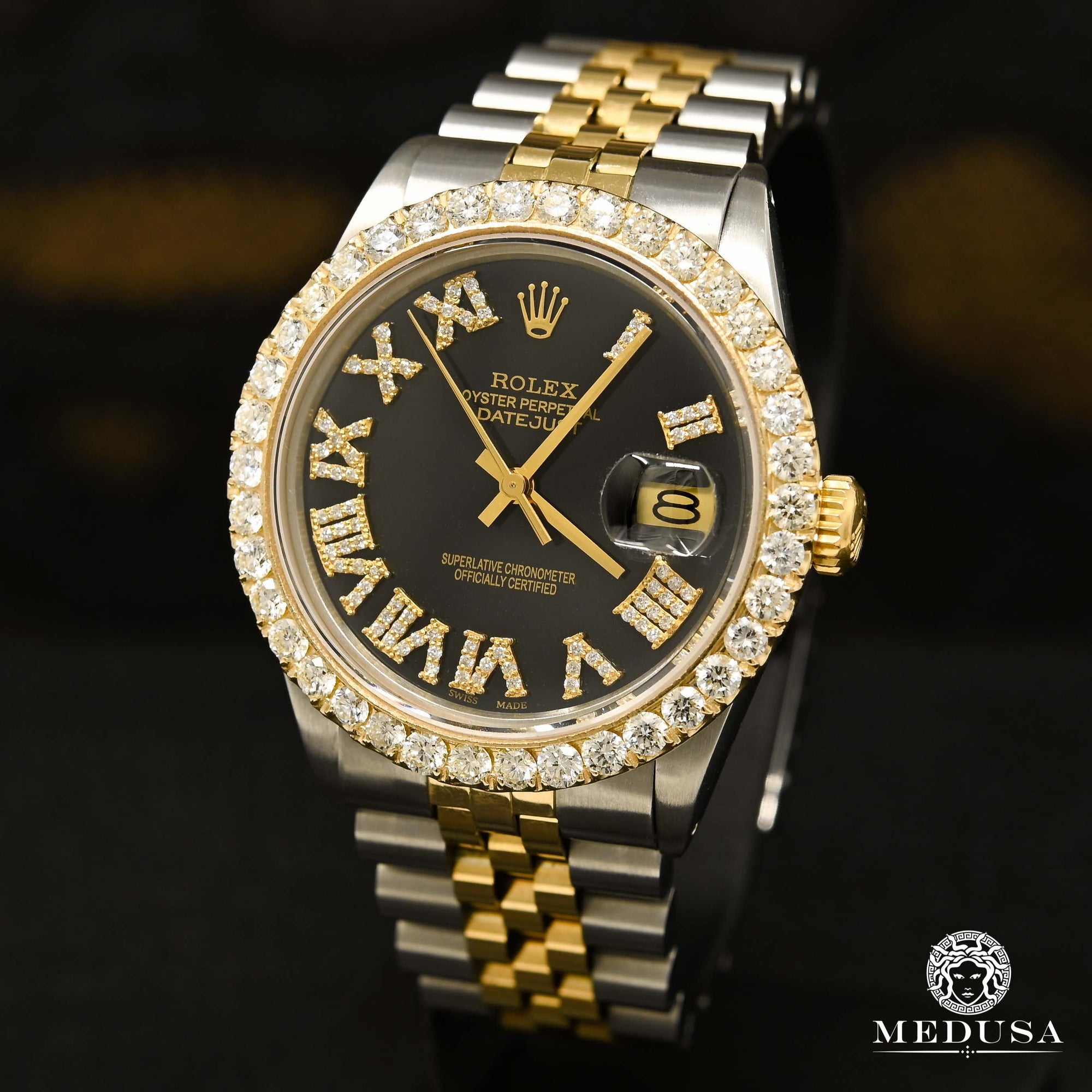 Montre Rolex | Montre Homme Rolex Datejust 36mm - Noir Chiffre Romain Or 2 Tons