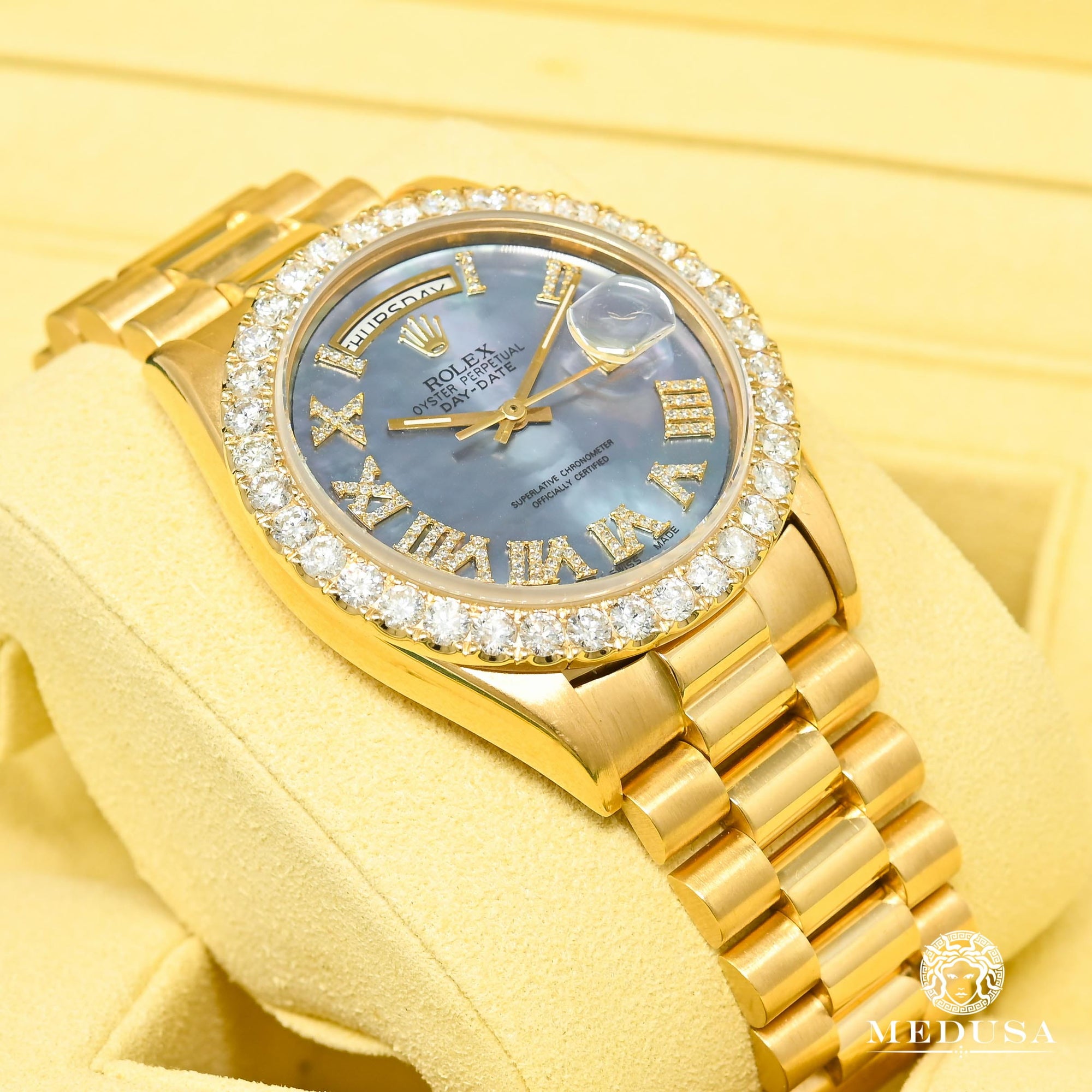 Montre Rolex | Montre Homme Rolex Day-Date 36mm - Cyan ’’Mother Of Pearl’’ Romain / Or Jaune